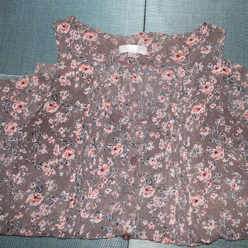Pripe sheer floral tan pleated blouse size small